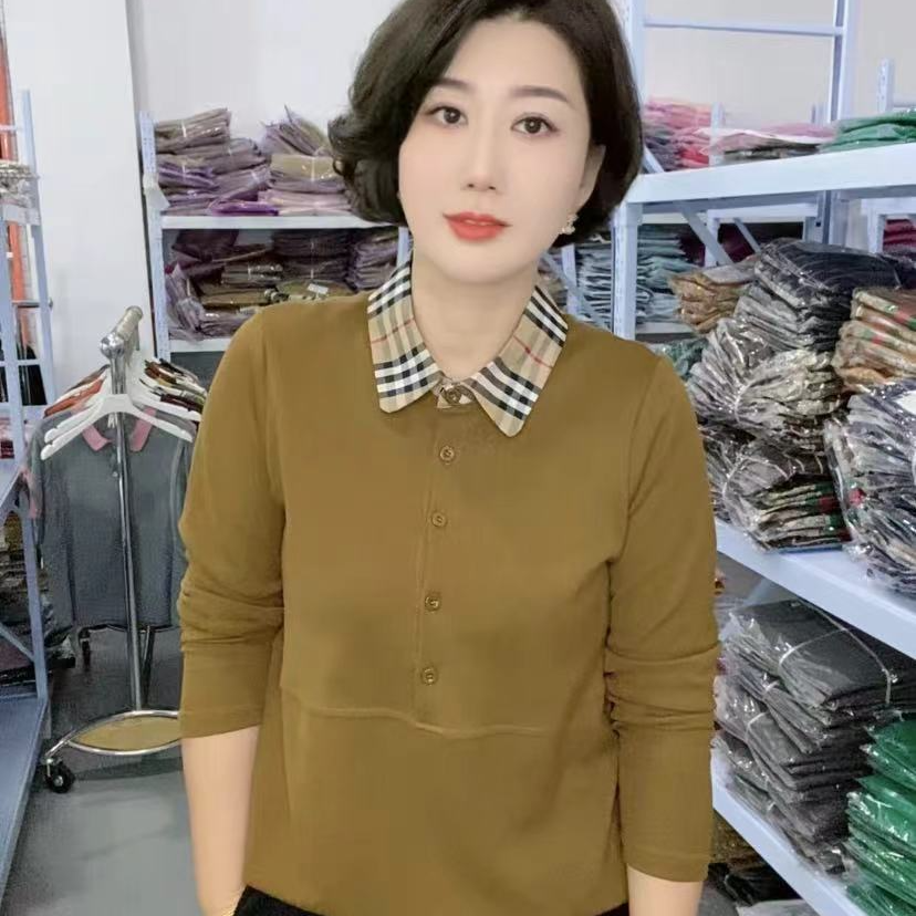 2025秋季新款女士简约宽松洋气百搭格子翻领长袖打底衫