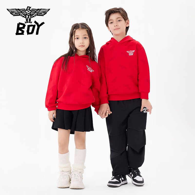 BOY JUNIOR24秋冬儿童潮牌长袖老鹰满印红色针织连帽套头卫衣男童