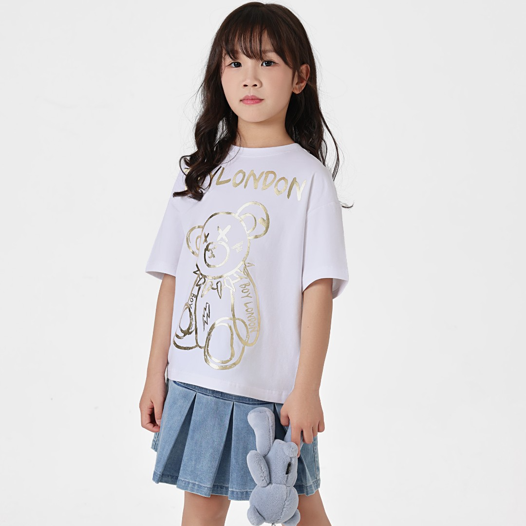 BOYLONDON【布偶小熊】夏季短袖可爱童趣烫金小熊印花休闲T恤男女童