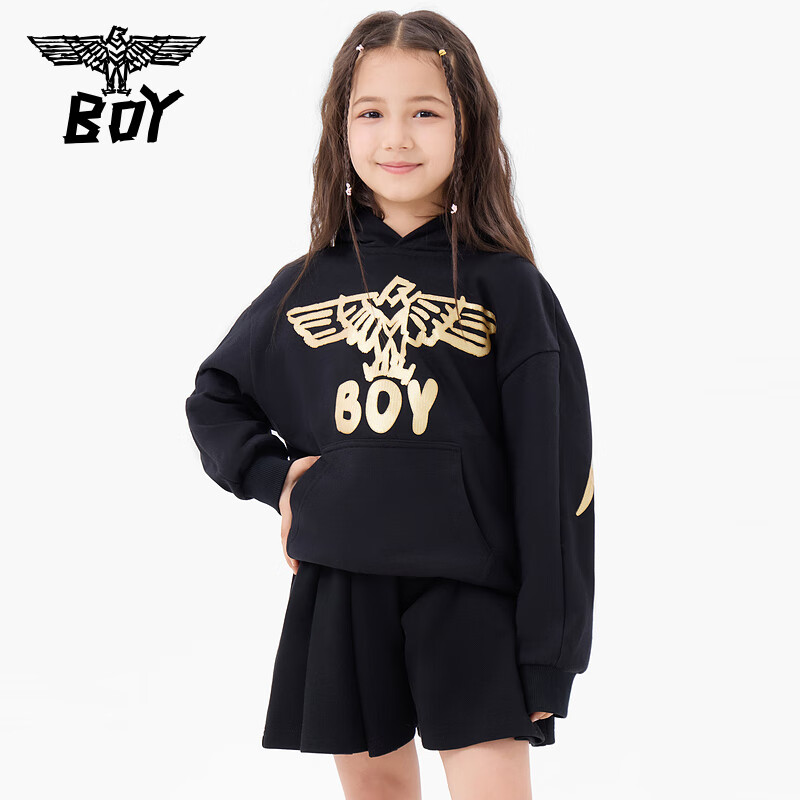 BOY JUNIOR24秋冬儿童烫金老鹰翅膀潮牌时尚连帽套头卫衣男童女童