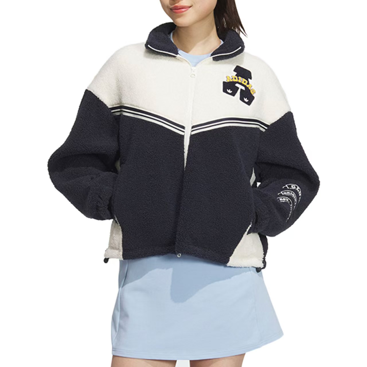 【创意谷AD专享】三叶草女子摇粒绒撞色拼接运动宽松外套JD6369