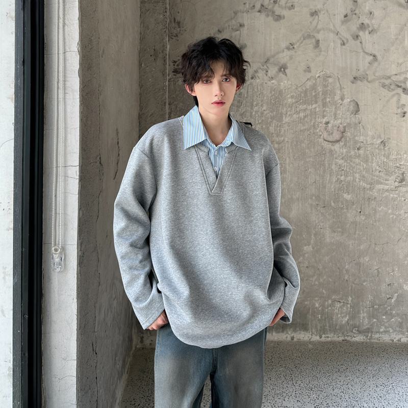 假两件衬衫领重磅卫衣男春秋美式复古潮牌宽松长袖短袖t恤夏外套