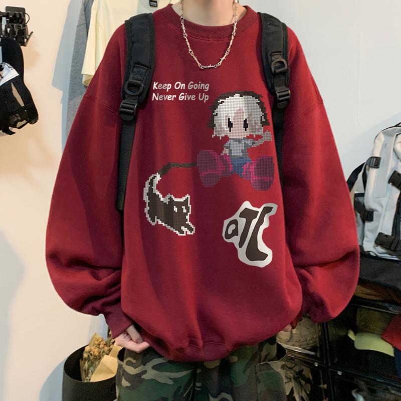 酒红色美式嘻哈卫衣男士春秋潮牌秋季加绒情侣hiphop重磅大码外套