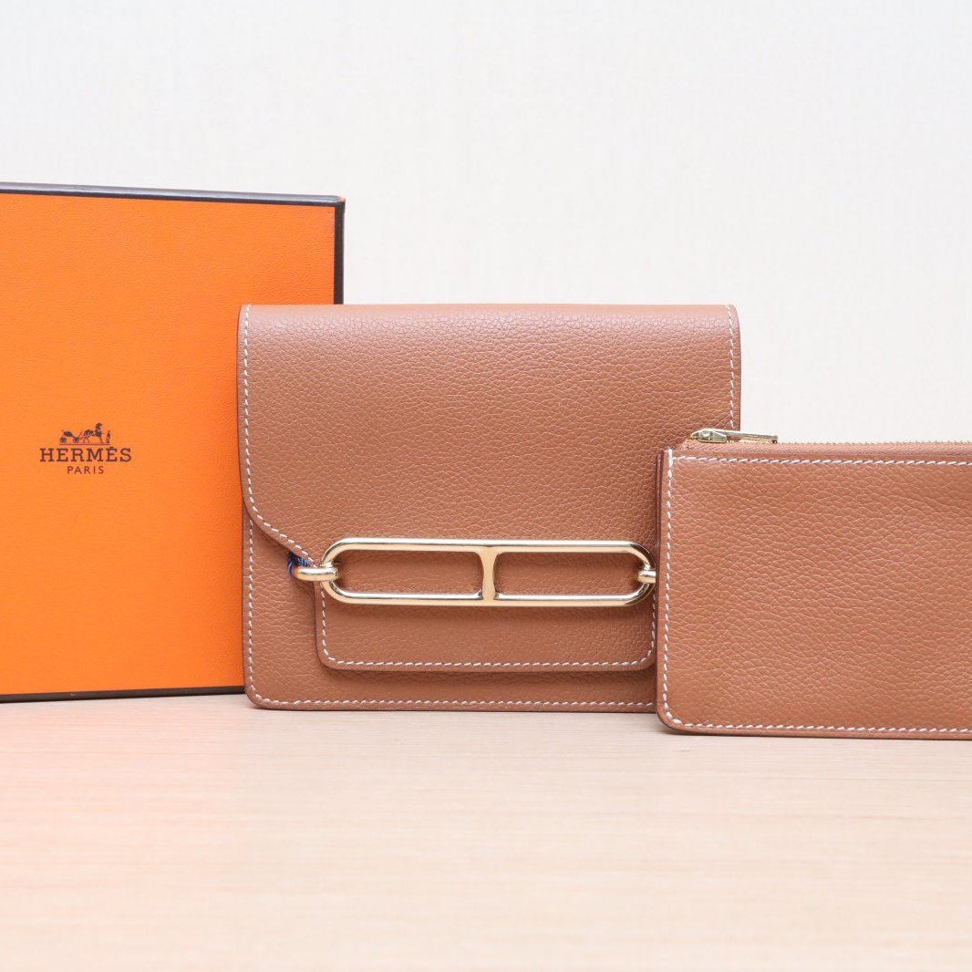99新 Hermes/爱马仕 -288 小花攀攀猪鼻子 Slim 钱包 金棕色 Z刻 