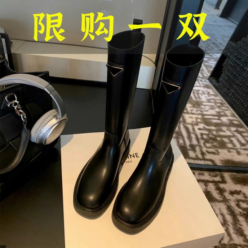 百丽纯爱牛皮版~家三角标厚底骑士靴女直筒靴增高中筒靴真皮显