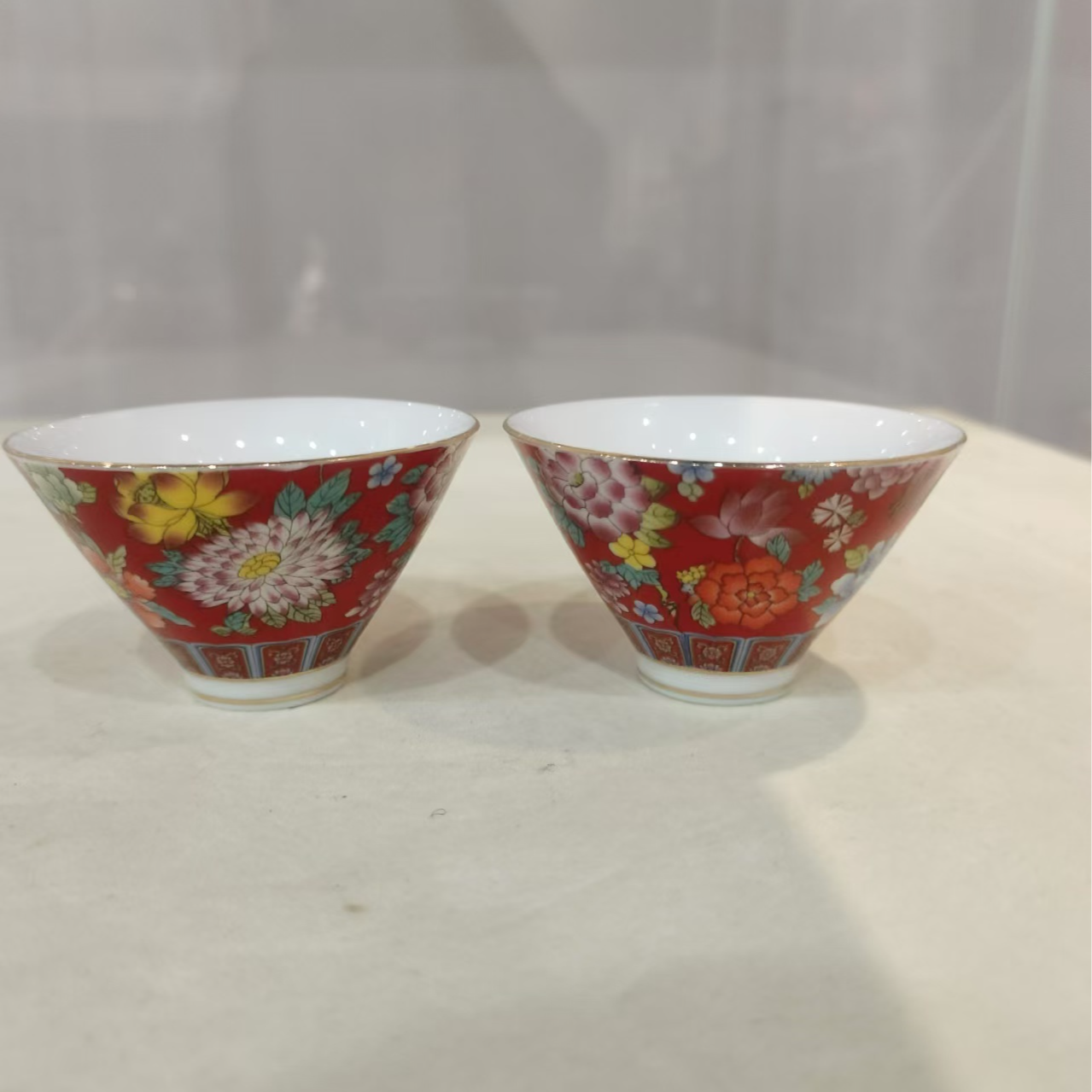 BZ-00207-3/红色万花斗笠杯/一对