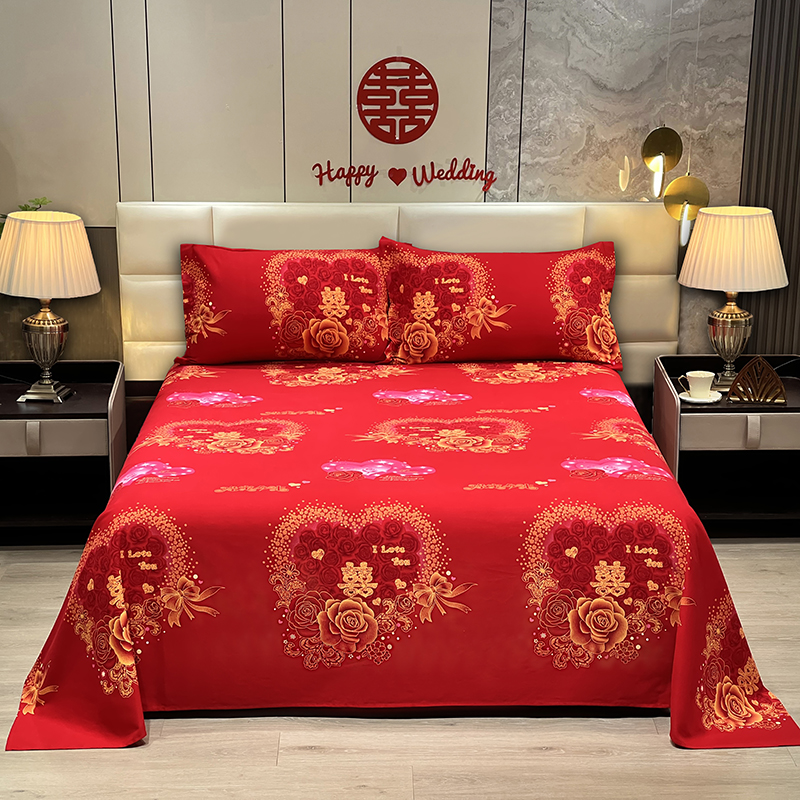大红色结婚婚庆全棉纯棉磨毛单床单不掉色活性印染