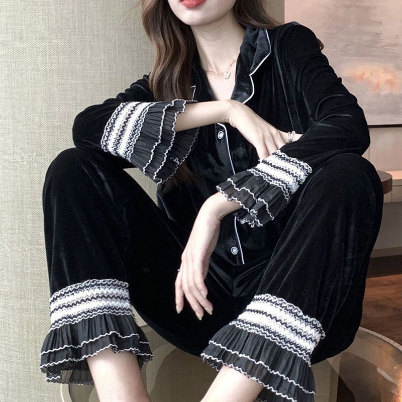 金丝绒睡衣女秋冬款长袖两件套女士春秋休闲家居服可外穿网红学生