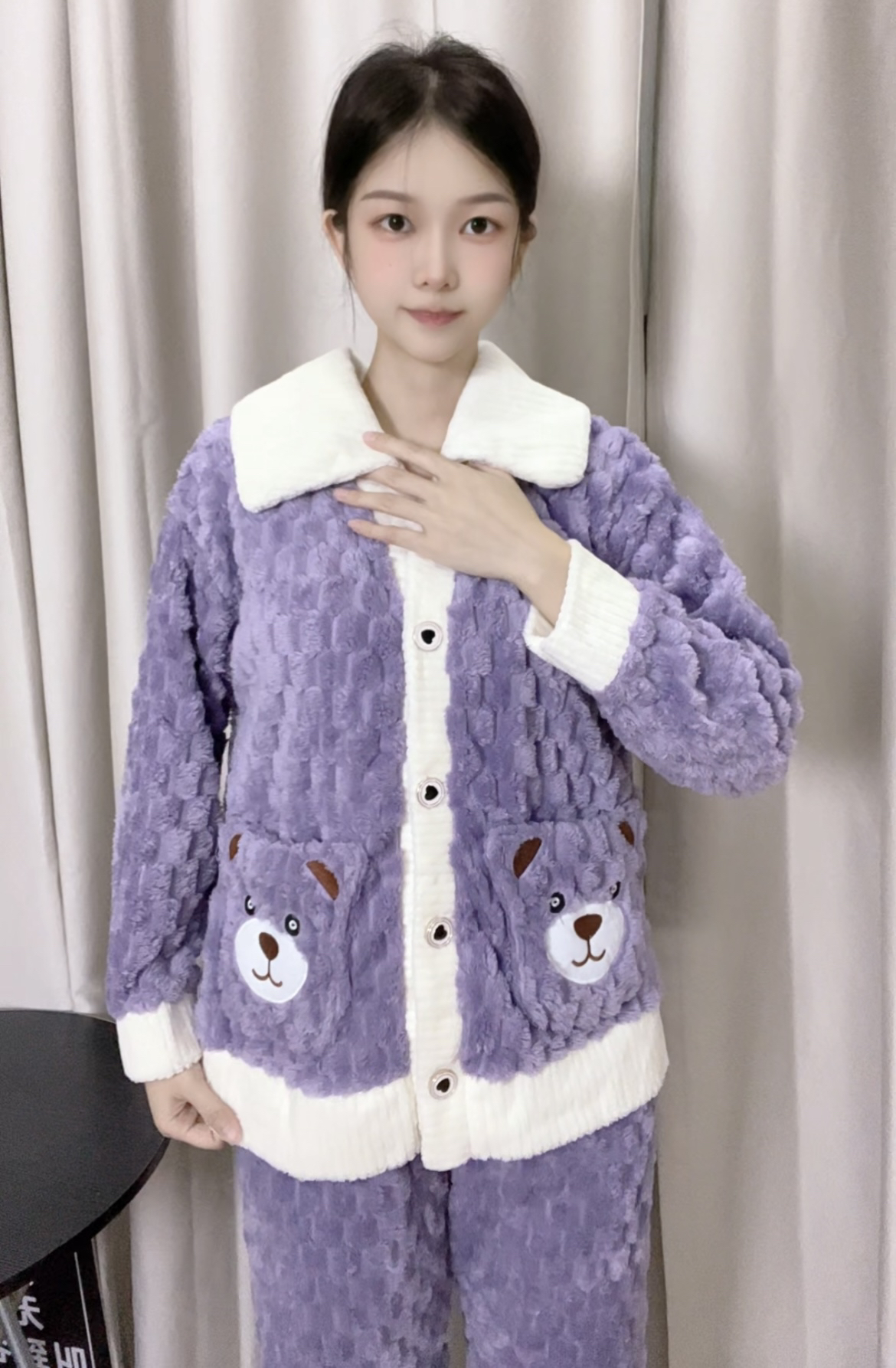 珊瑚绒紫色温柔加厚加绒保暖睡衣套装冬季新款翻领卡通小熊家居服