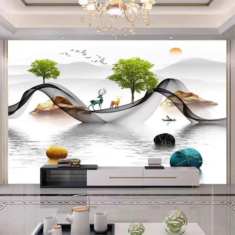 新中式电视背景墙碳晶板定制客厅新款纳米金刚板高光实心3d集成墙