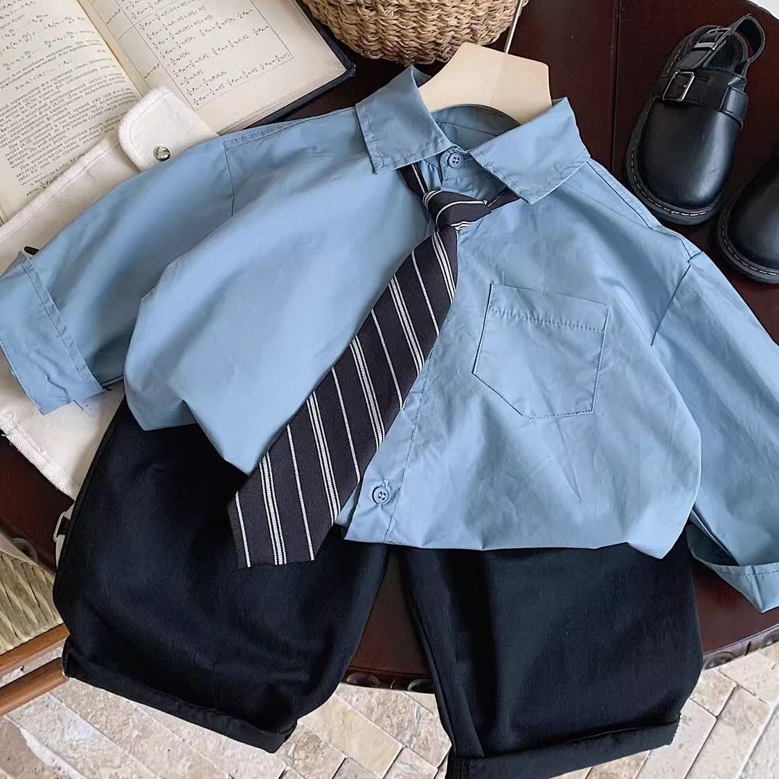 【学院风】男童套装春秋款2024新款男孩衬衣韩版洋气宝宝两件套潮