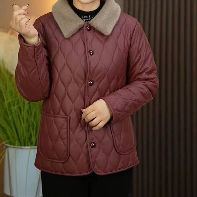 高档免洗皮加绒外套2024秋冬新款中年妈妈时尚洋气百搭皮面小棉衣