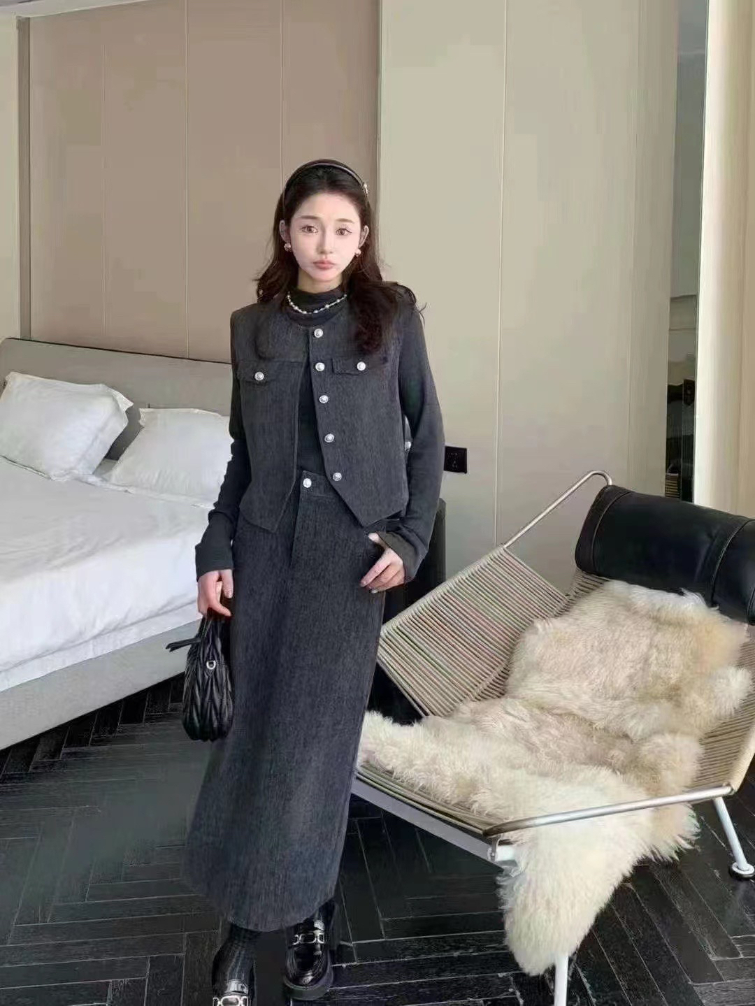 小香风套装女秋季新款时尚遮肉气质马甲半身裙高级感三件套裙显瘦