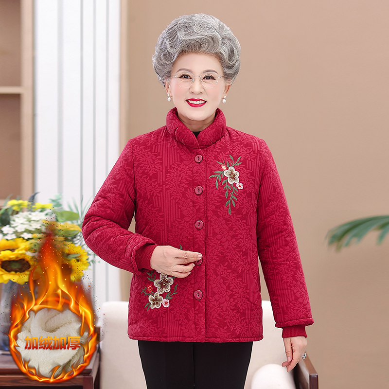 冬季加绒老太太棉衣大码宽松中老年人冬款奶奶加厚保暖外套