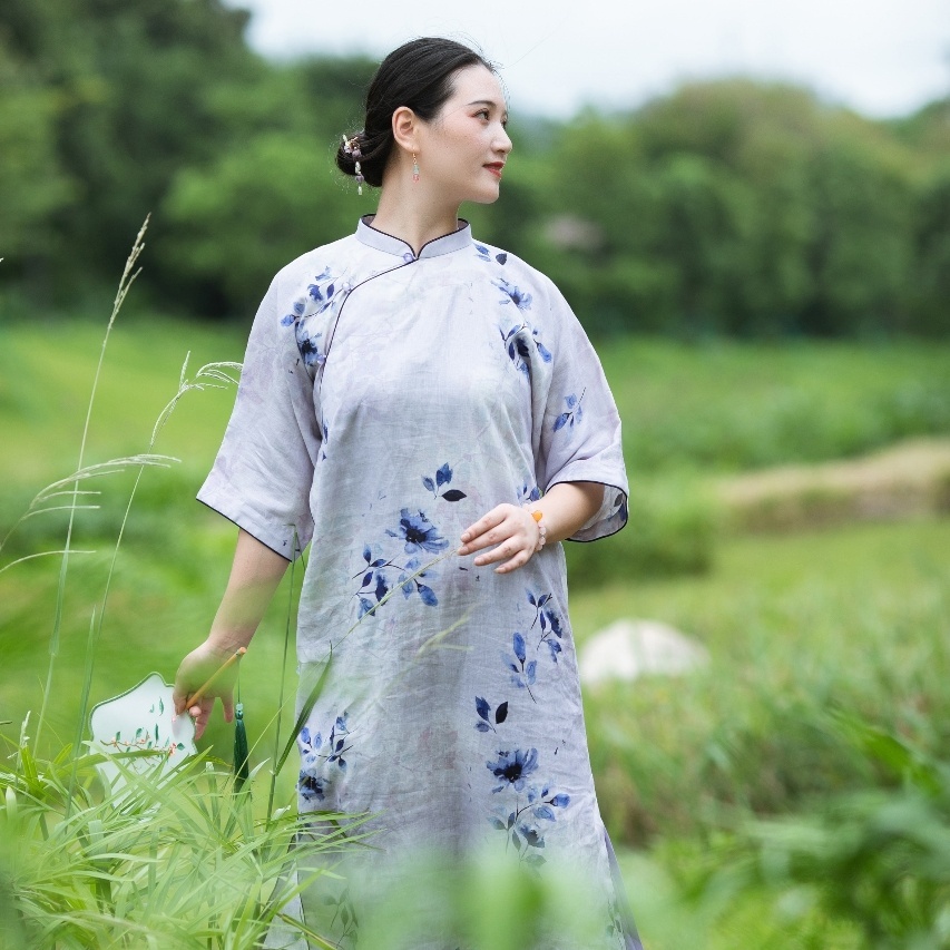 出口级印花连袖麻旗袍