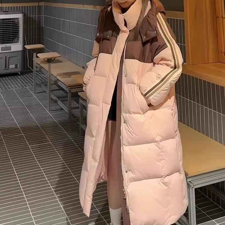 拼色连帽服中长款女2023冬季新款加厚保暖时尚过膝外套