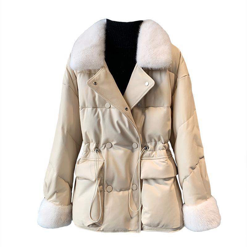 冬季新品柔软舒适绵羊皮仿真皮羽绒服女毛领白鹅绒保暖外套冬