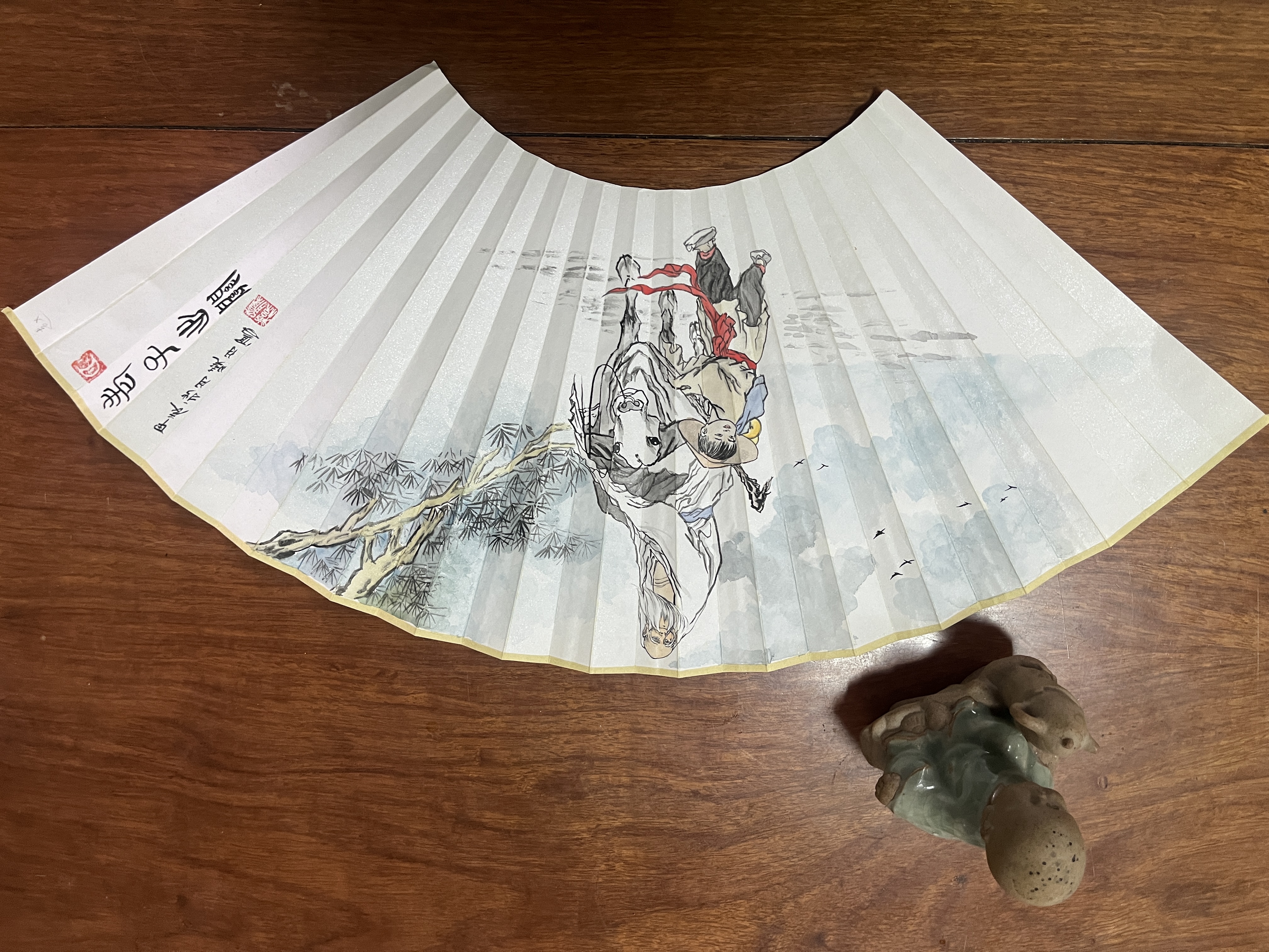 老子出关图  95寸16方玉竹折扇 