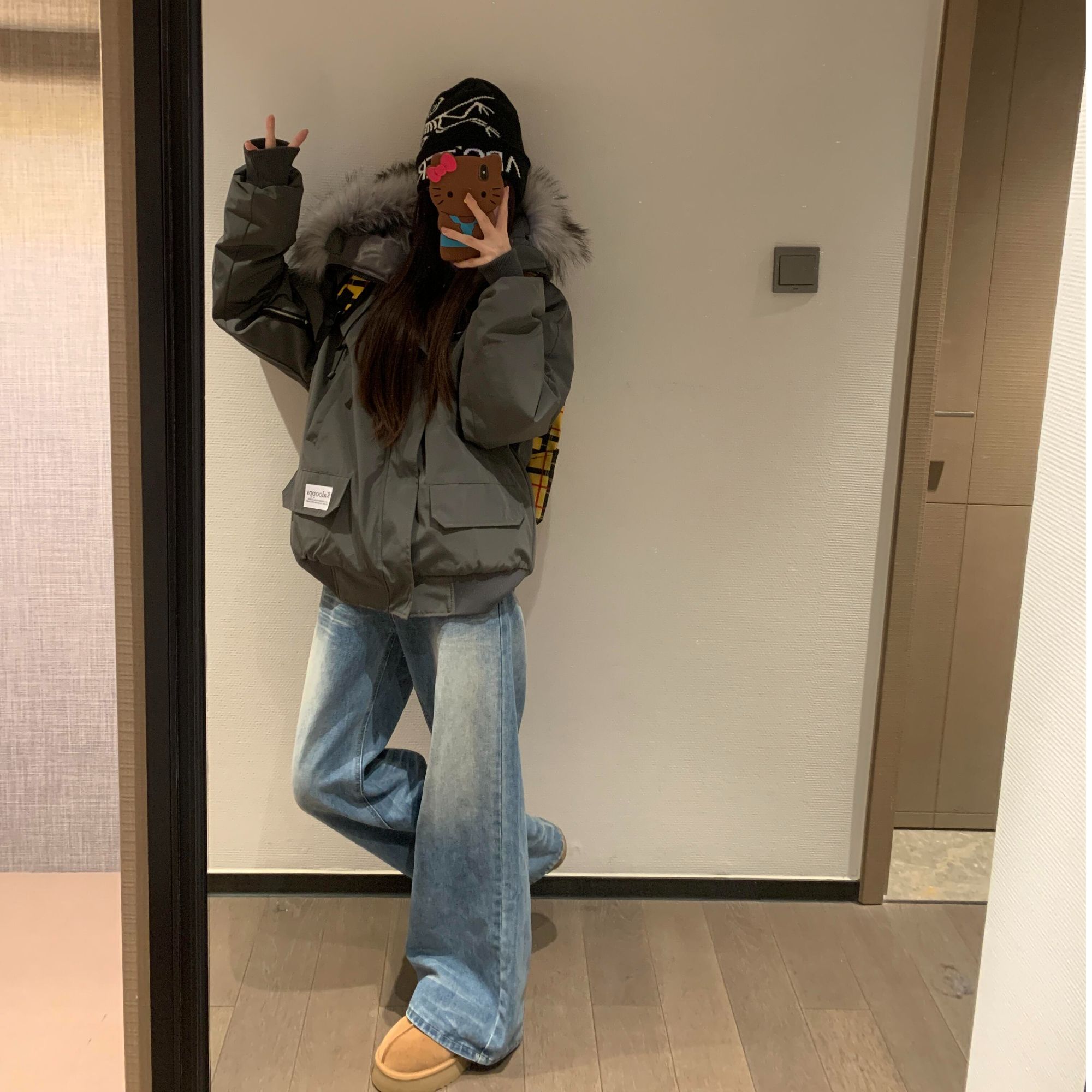 【现货现发】大毛领加厚棉服女中款冬季户外保暖冲锋衣工装棉袄