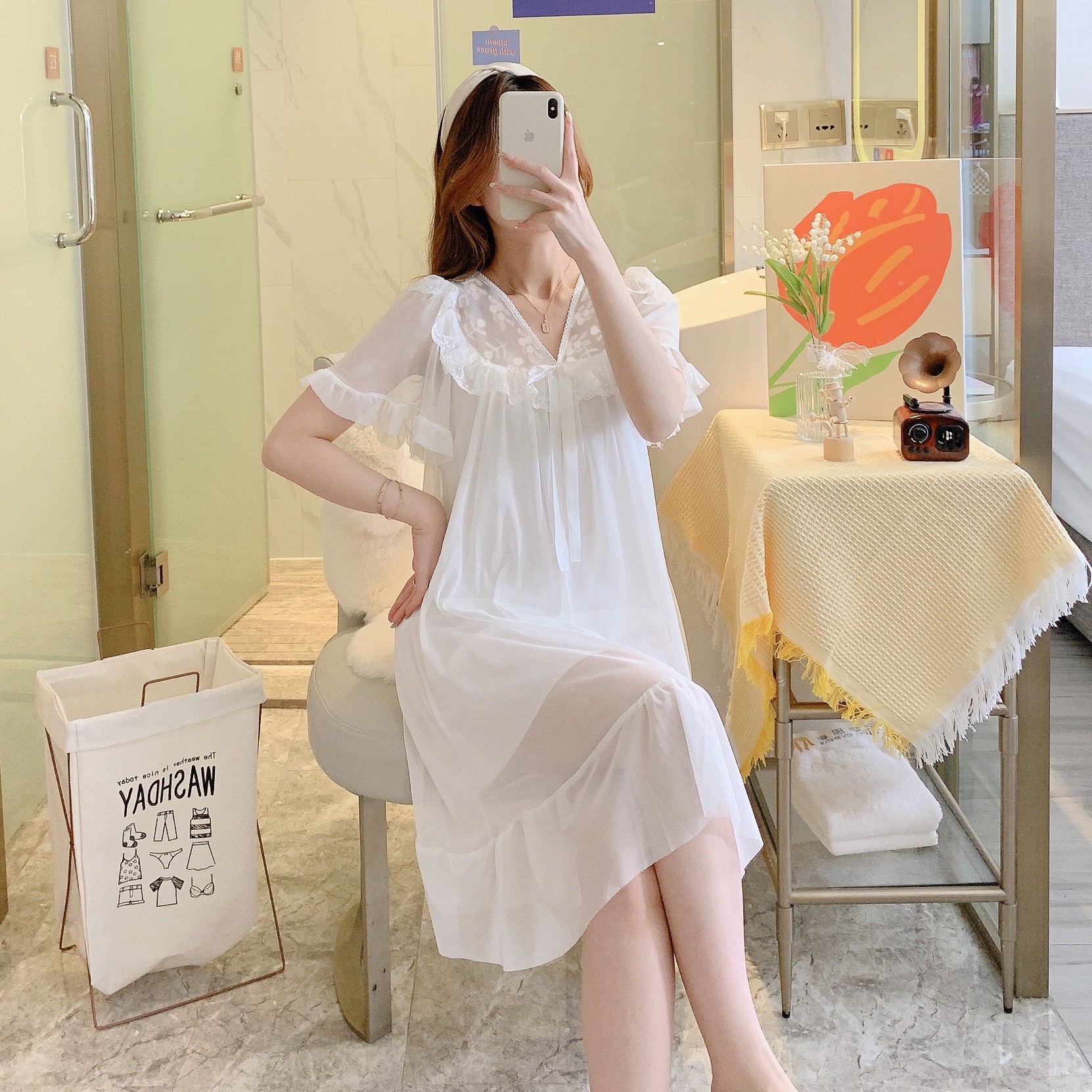 【芳芳宠粉】仙女风睡裙女夏蕾丝花边网纱甜美公主风可外穿宽松