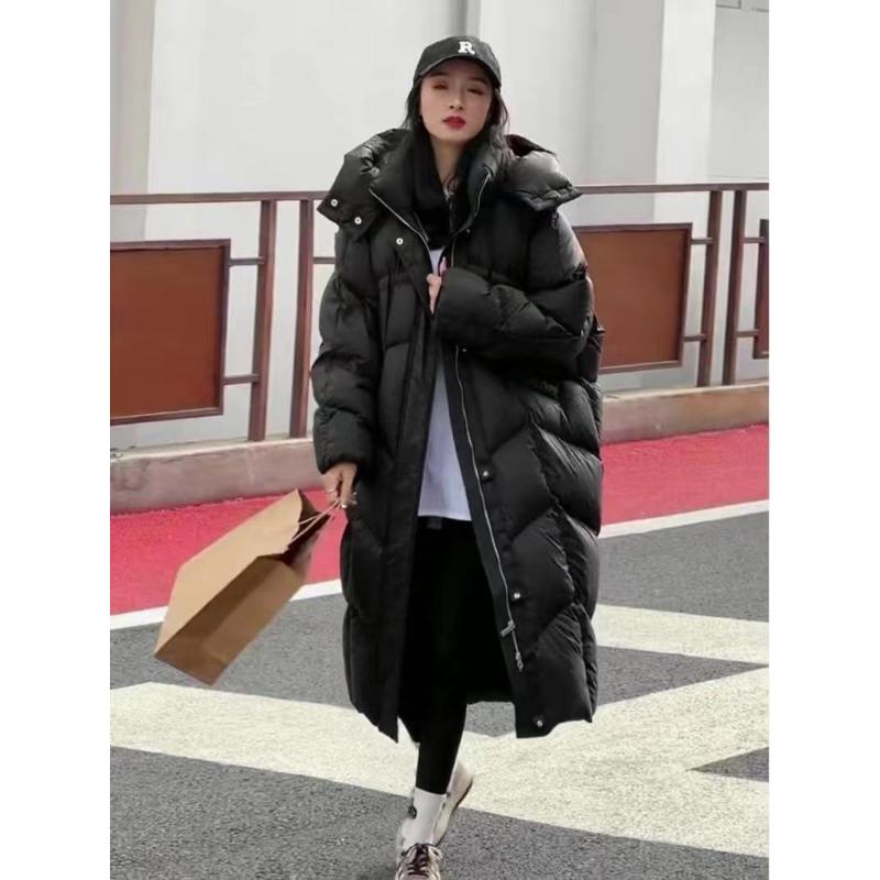 波司豋过膝长款棉服女2023冬装时尚设计师款连帽拉链面包服外套
