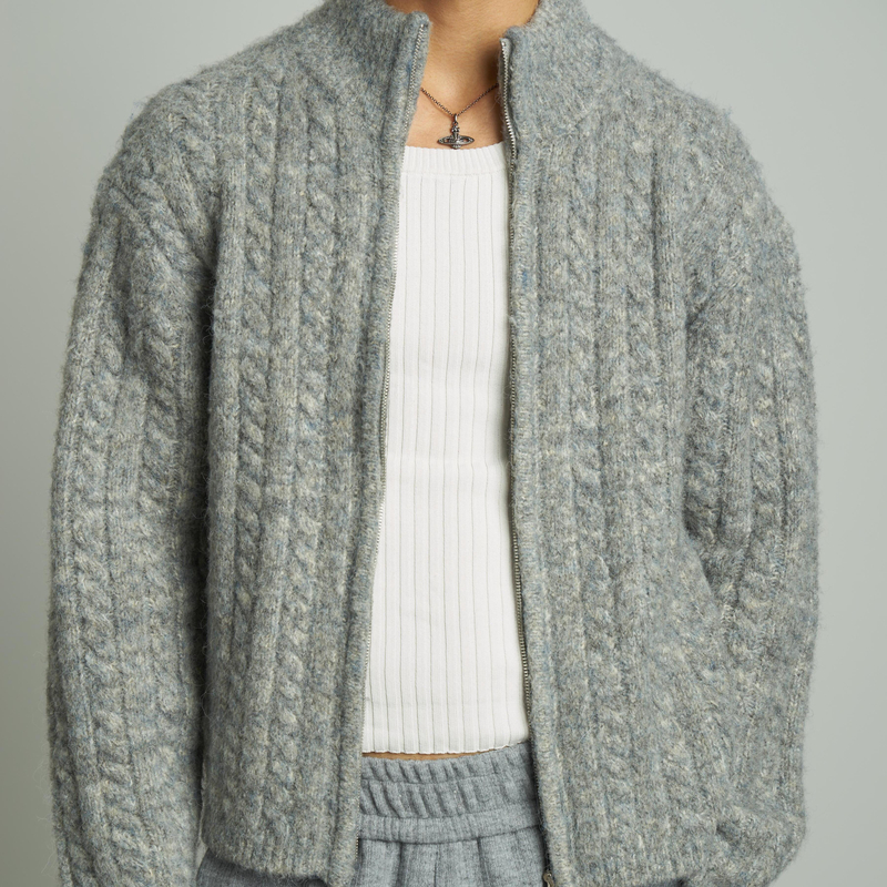 RETRO21 R21羊毛混纺花灰色扭花双拉链开衫