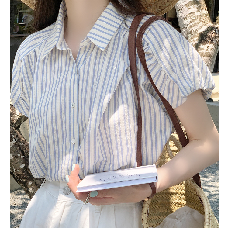 时尚简约纯棉条纹短袖飞飞袖休闲韩版夏季上新宽松薄款POLO领衬衫