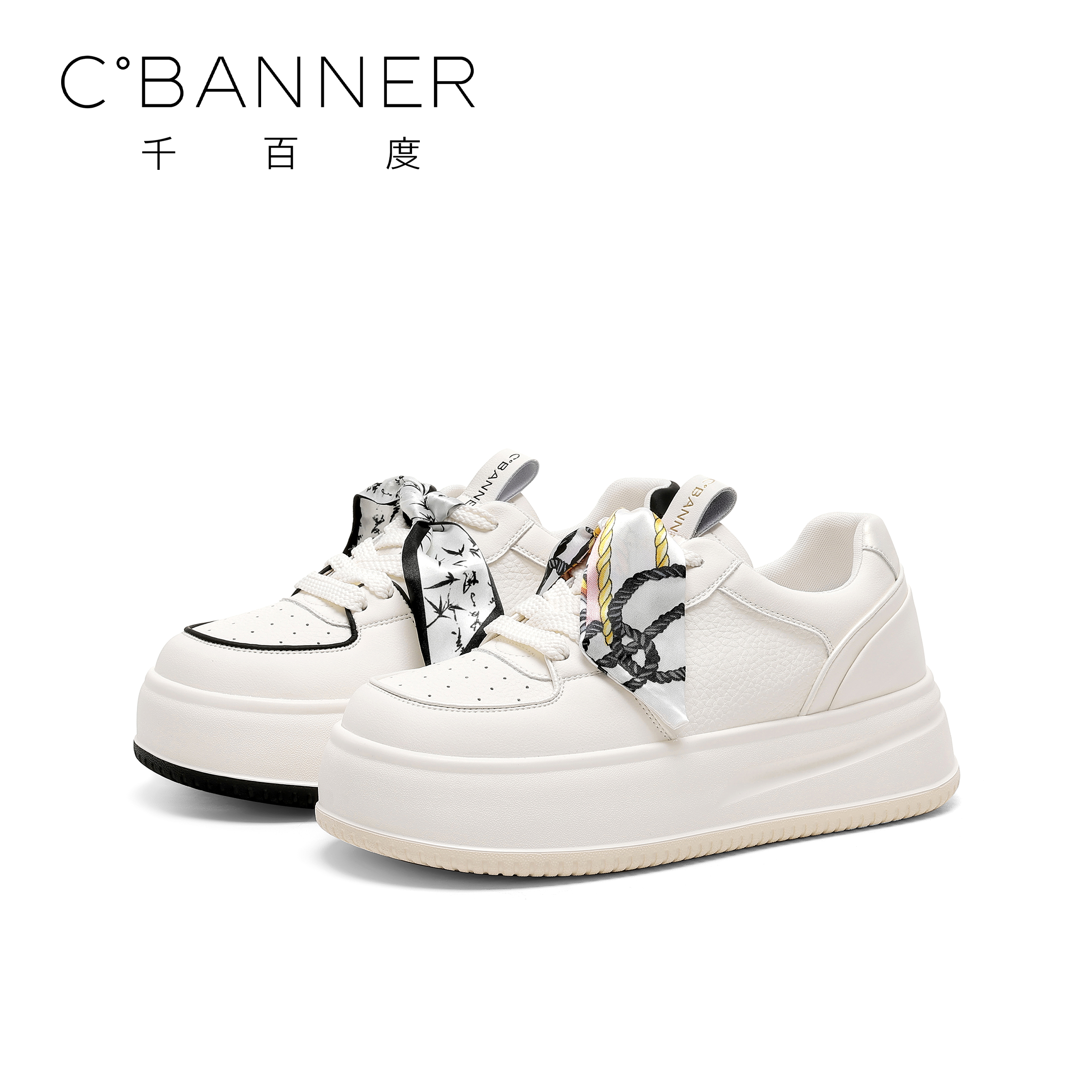 C.BANNER/千百度厚底时尚百搭i休闲鞋女士2025新款ins丝带松糕鞋