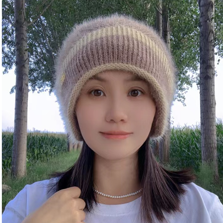 【送发带】冬季新款松鼠针织时尚百搭撞色条纹蓓蕾女帽双层加厚保暖