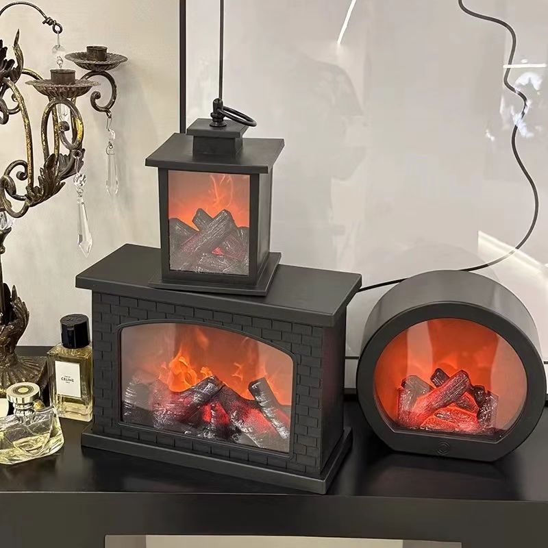 创意小摆件软装工艺烛台仿真装饰LED木炭火焰仿真火焰风灯壁炉灯