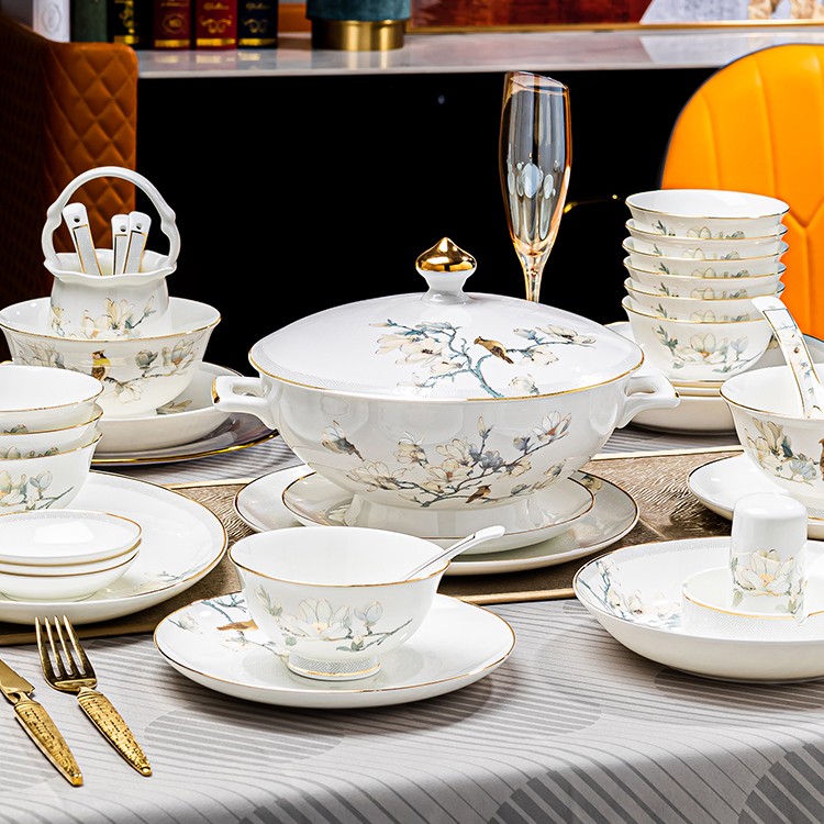 繁花似锦碗碟套装家用60件景德镇陶瓷骨瓷套装碗盘筷组合