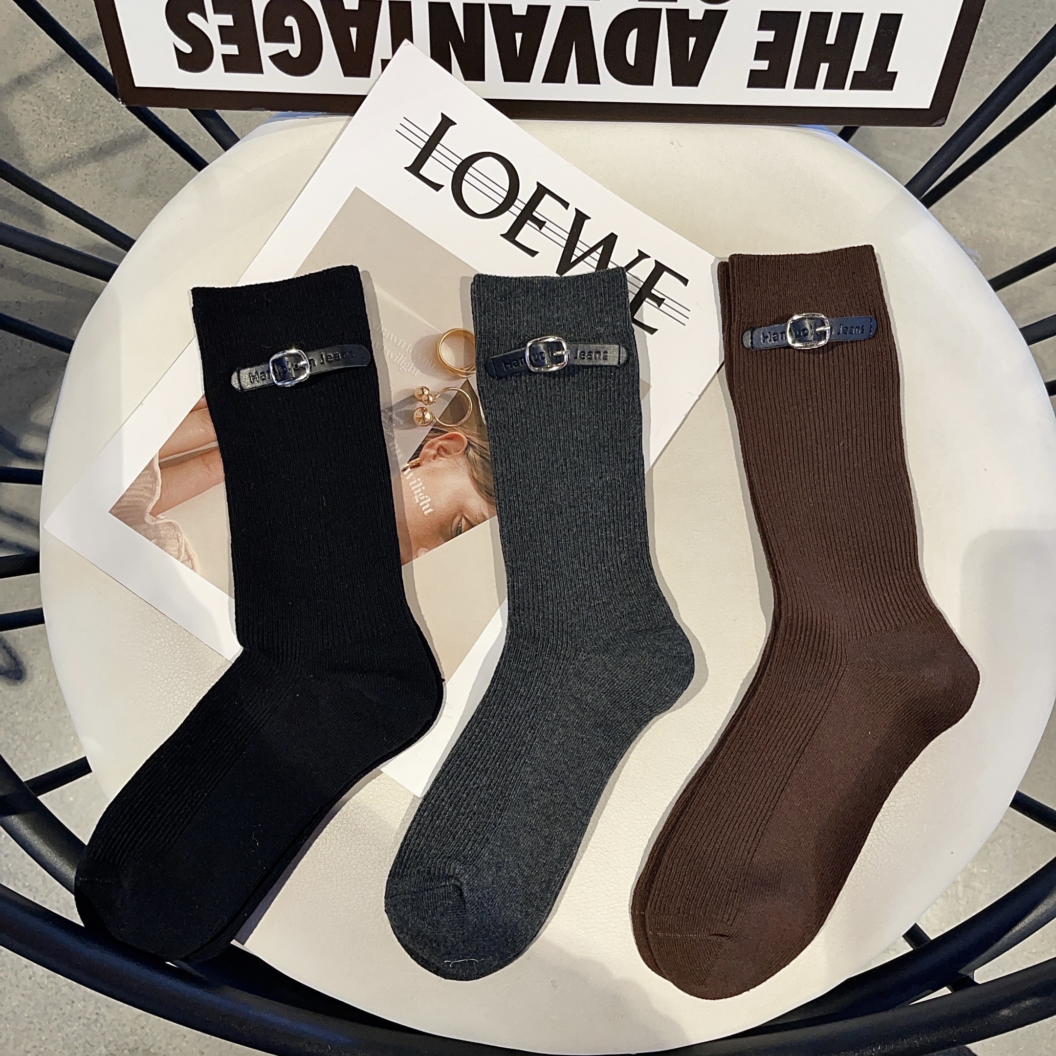 女士秋冬新款潮品双针纯色皮扣重工高筒潮袜袜子ins中筒日系韩版