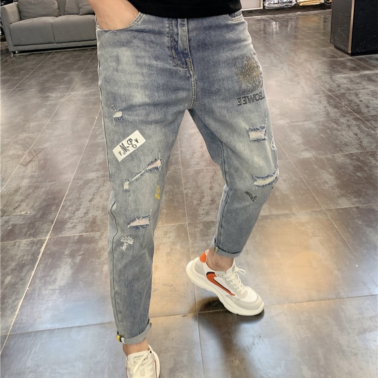 欧货夏季男士烫钻修身薄款破洞弹力青年潮牌中腰小脚牛仔裤九分裤