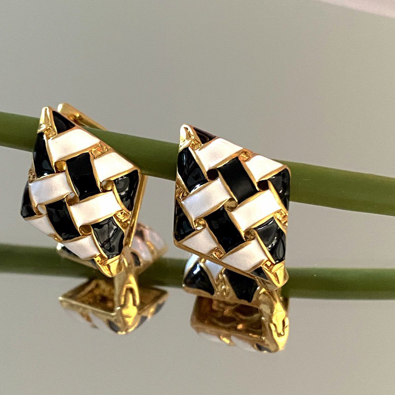 铜合金珐琅耳饰 【黑白格】复古风黑白格珐琅经典Vintage耳扣