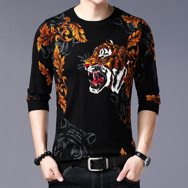  男士秋季爆款时尚休闲老虎头针织衫线衣潮男新款圆领长袖小衫