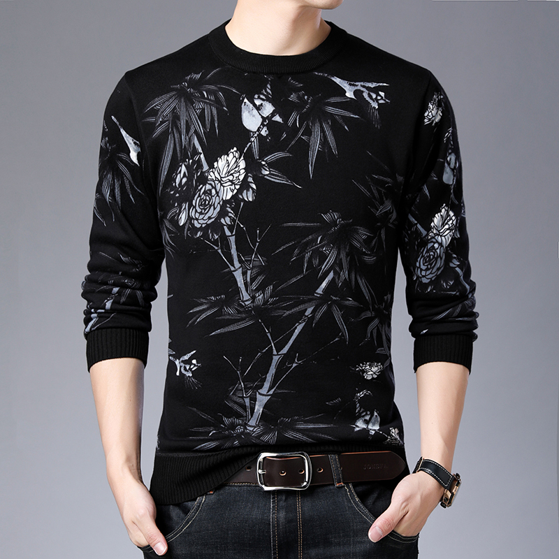 男士秋季爆款时尚休闲水墨竹子针织衫线衣潮男毛衣毛衫新款圆领