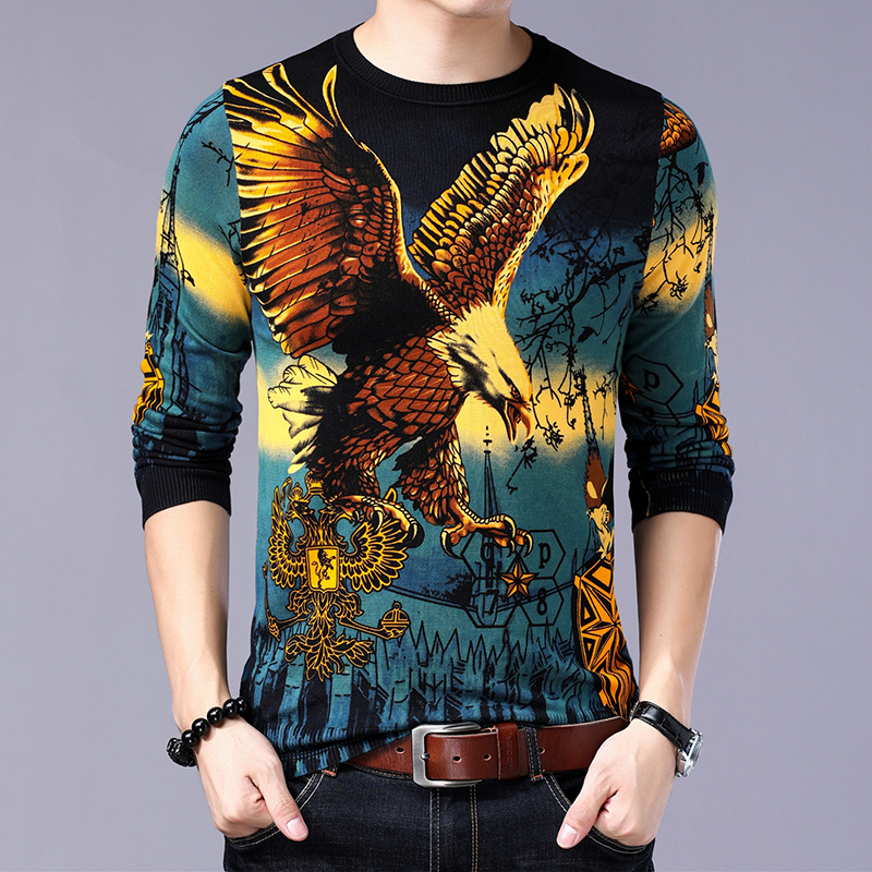 男士秋季新款时尚休闲鹰大鹏展翅针织衫打底衫线衣潮男圆领长袖