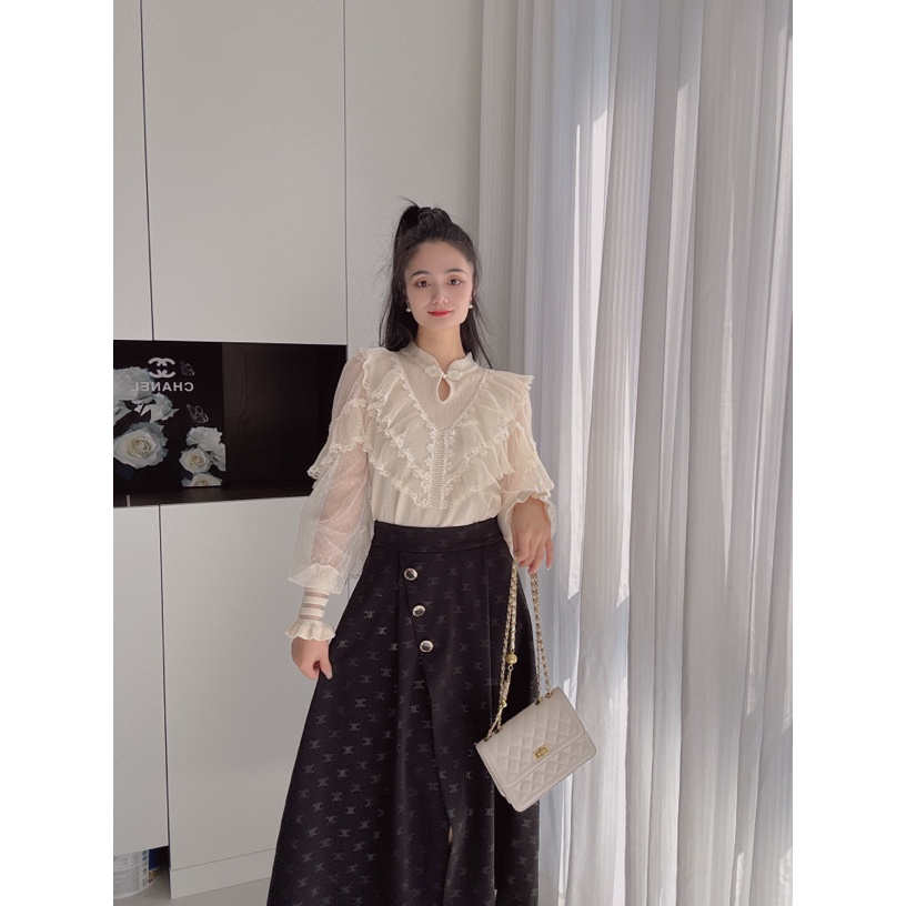 新品蕾丝4058网纱灯笼袖拼接针织上衣洋气设计感新中式立领毛衣女