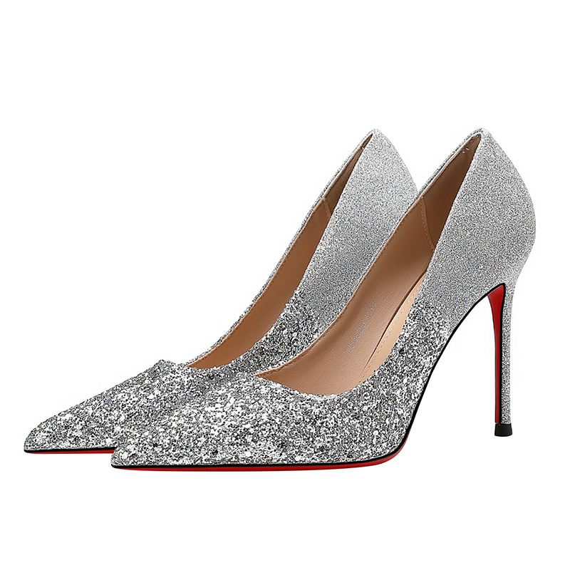 2025年夏秋新款银色百搭高跟鞋细跟红底亮片尖头职业性感浅口单鞋