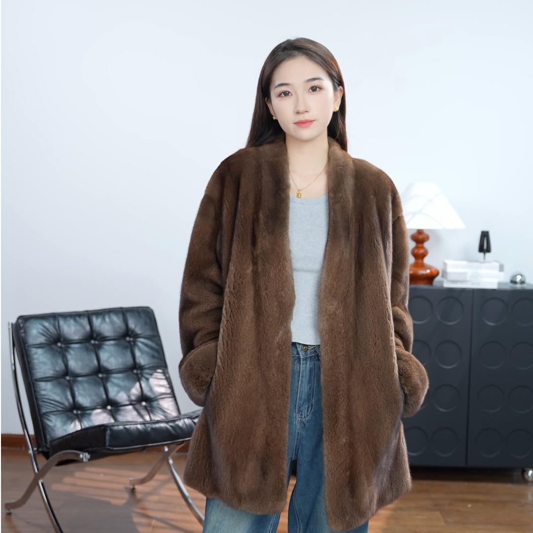 海宁02专用水貂进口紫金短二洋气V领中长款水貂外套女21081