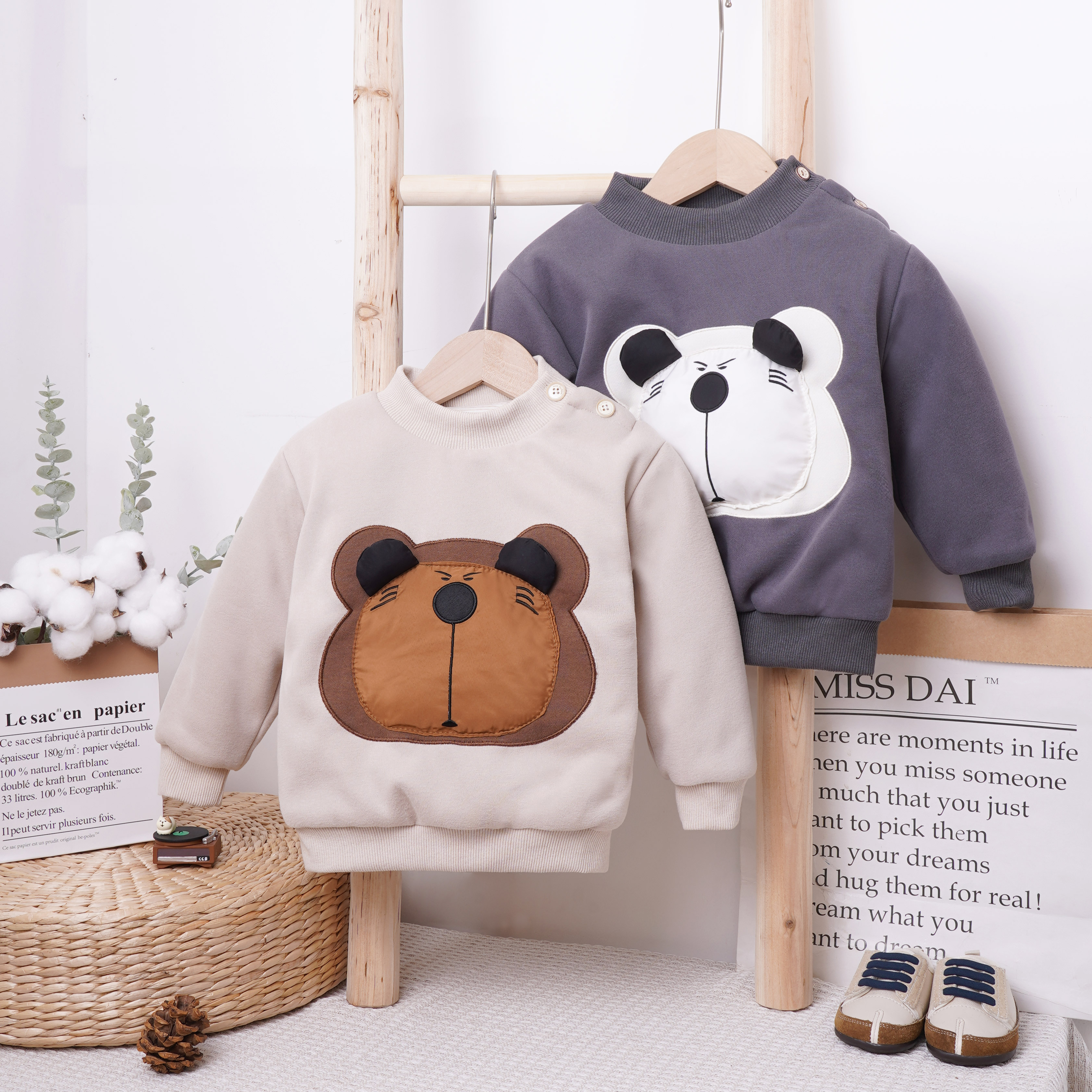 宝宝秋冬新款可爱熊头男童女童夹棉卫衣加厚套头小棉袄冬款外穿