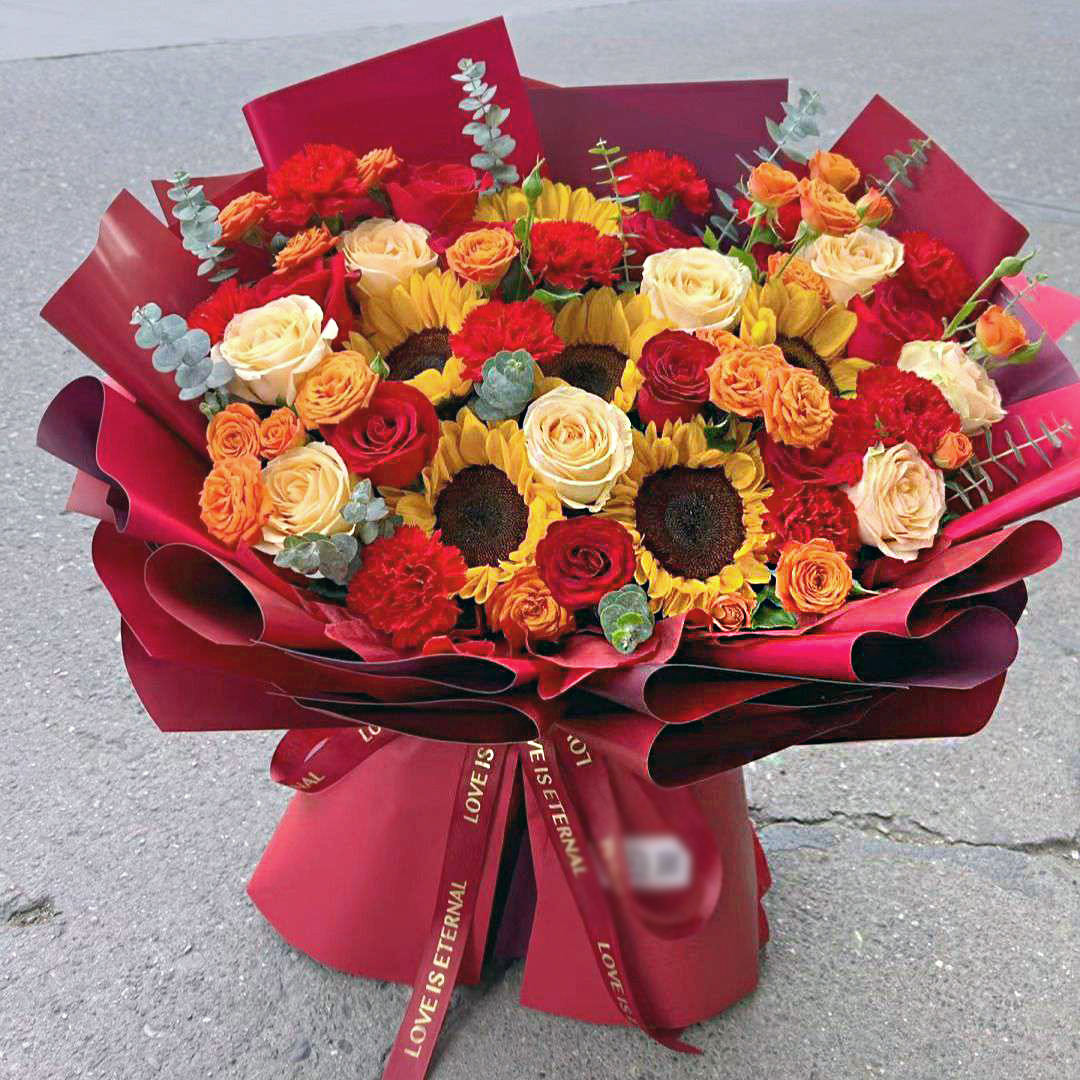 【红红火火】向日葵红玫瑰混搭真鲜花花束同城花店配送长辈乔迁新居