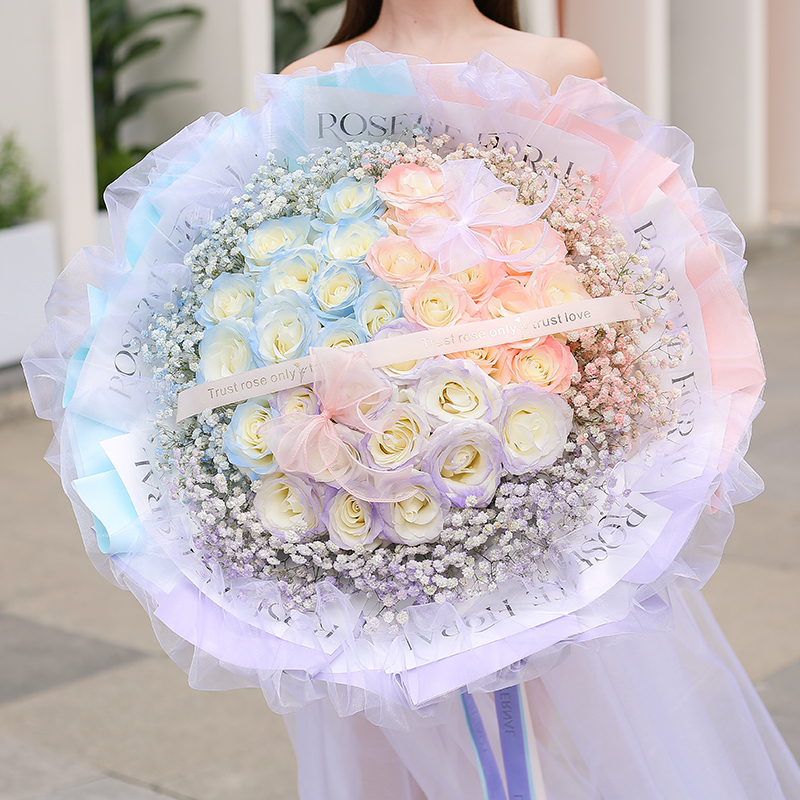 【纯欲千金❤】33枝三色玫瑰鲜花·星光花束·仙气白纱·2023情人节新款