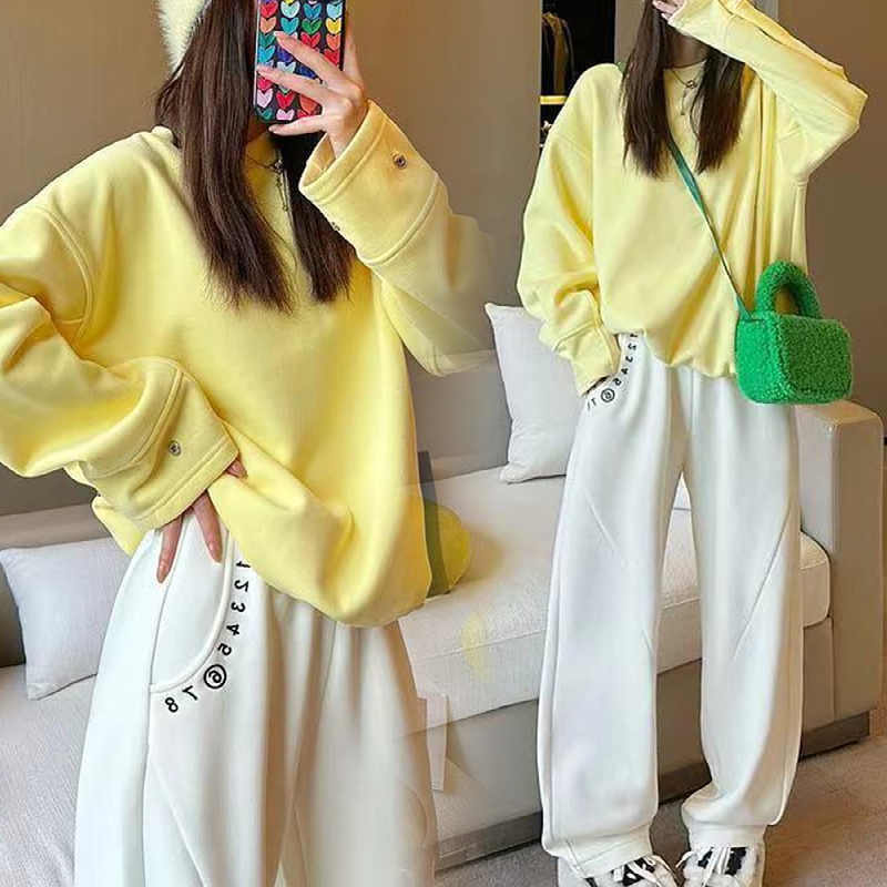 按扣袖圆领卫衣女士秋冬加绒加厚宽松百搭上衣慵懒风oversize外套