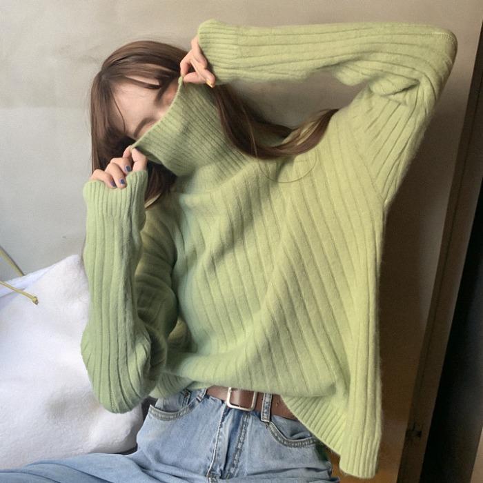 加绒2023秋冬新款毛衣套头慵懒坑条百搭外穿显瘦宽松高领针织衫