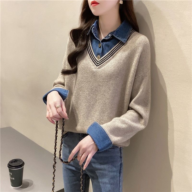 假两件拼接牛仔布衬衫领毛衣女2023秋冬新款时尚针织宽松套头上衣
