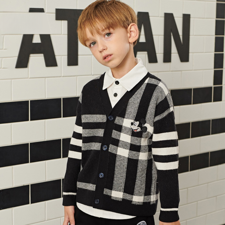 时尚儿童亲子款男童开衫学院风针织条纹格子毛衣