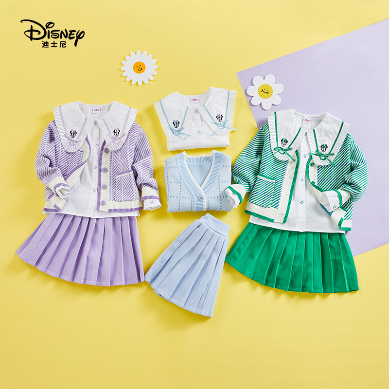Disney/迪士尼新款女童春秋JK学院衬衫洋气针织毛衣百褶裙套装