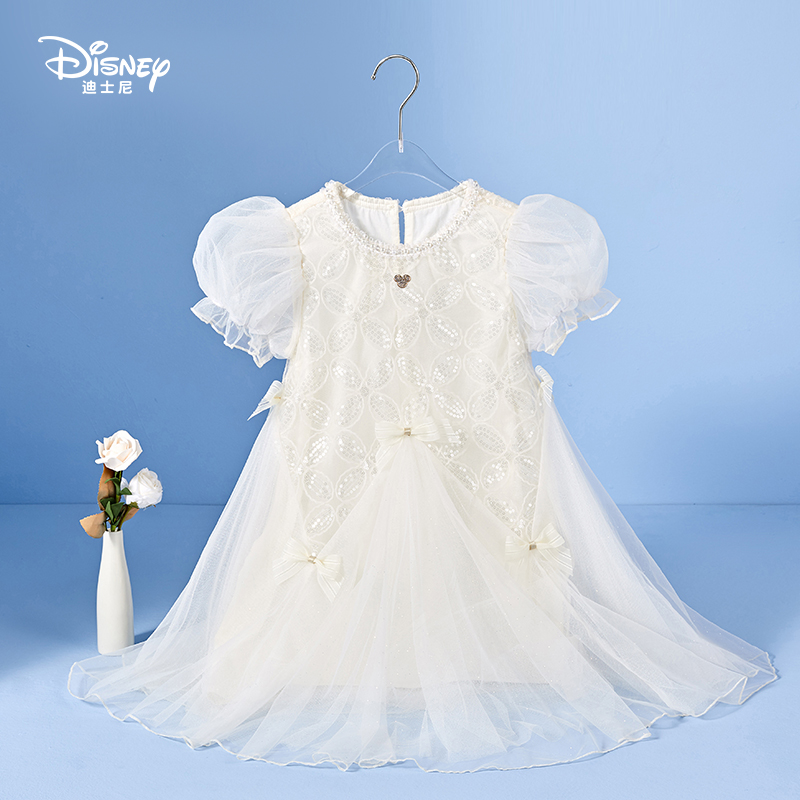 Disney/迪士尼新款女童夏季连衣裙夏日洋气绣花淑女公主裙带发箍