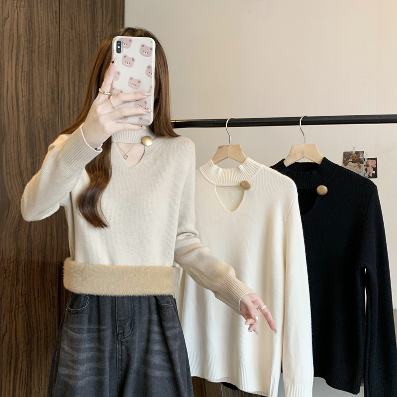 哺乳期保暖上衣打底衫秋冬加厚一体绒毛衣时尚外穿半高领针织长袖